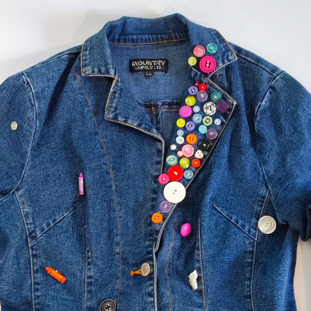 Industry Supply Co. jean jacket handmade decorated blue women's size L/31 - Picture 2 of 13